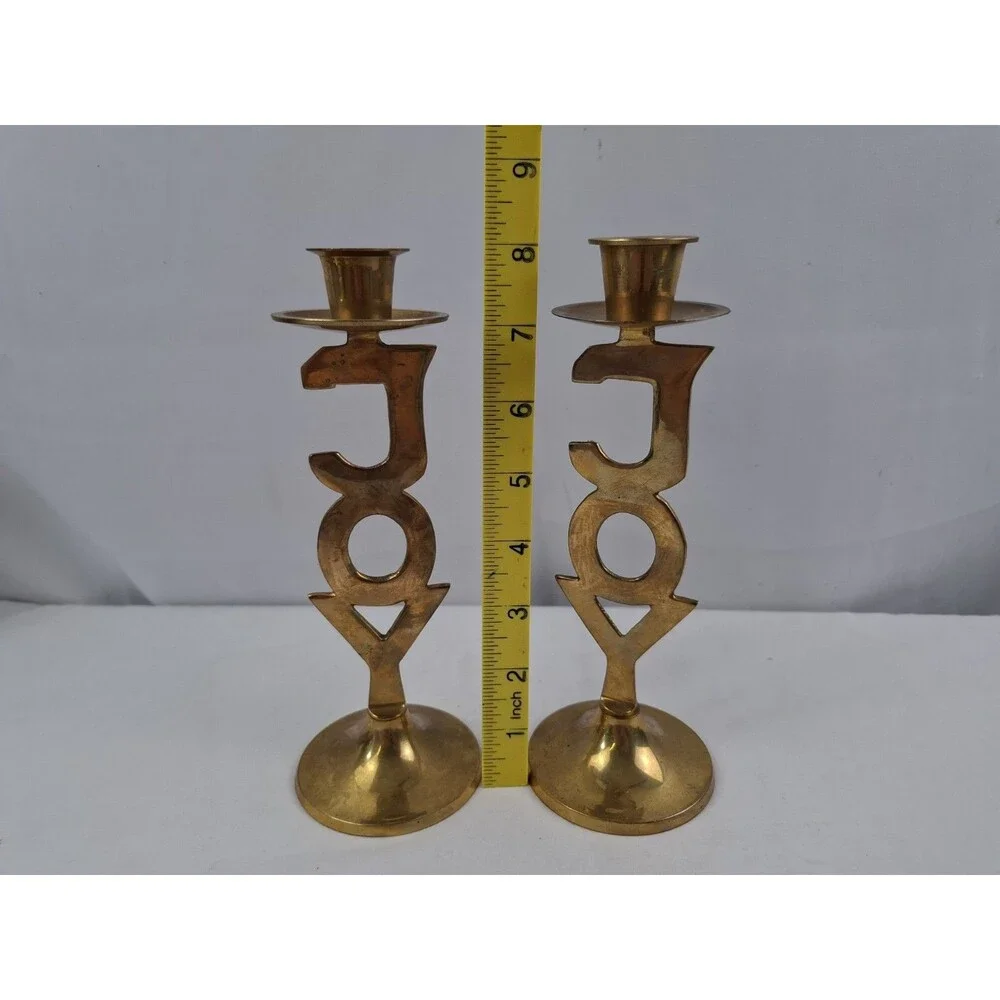 Vtg International Silver Co. Solid Brass JOY Candlestick Holders Set of 2 India